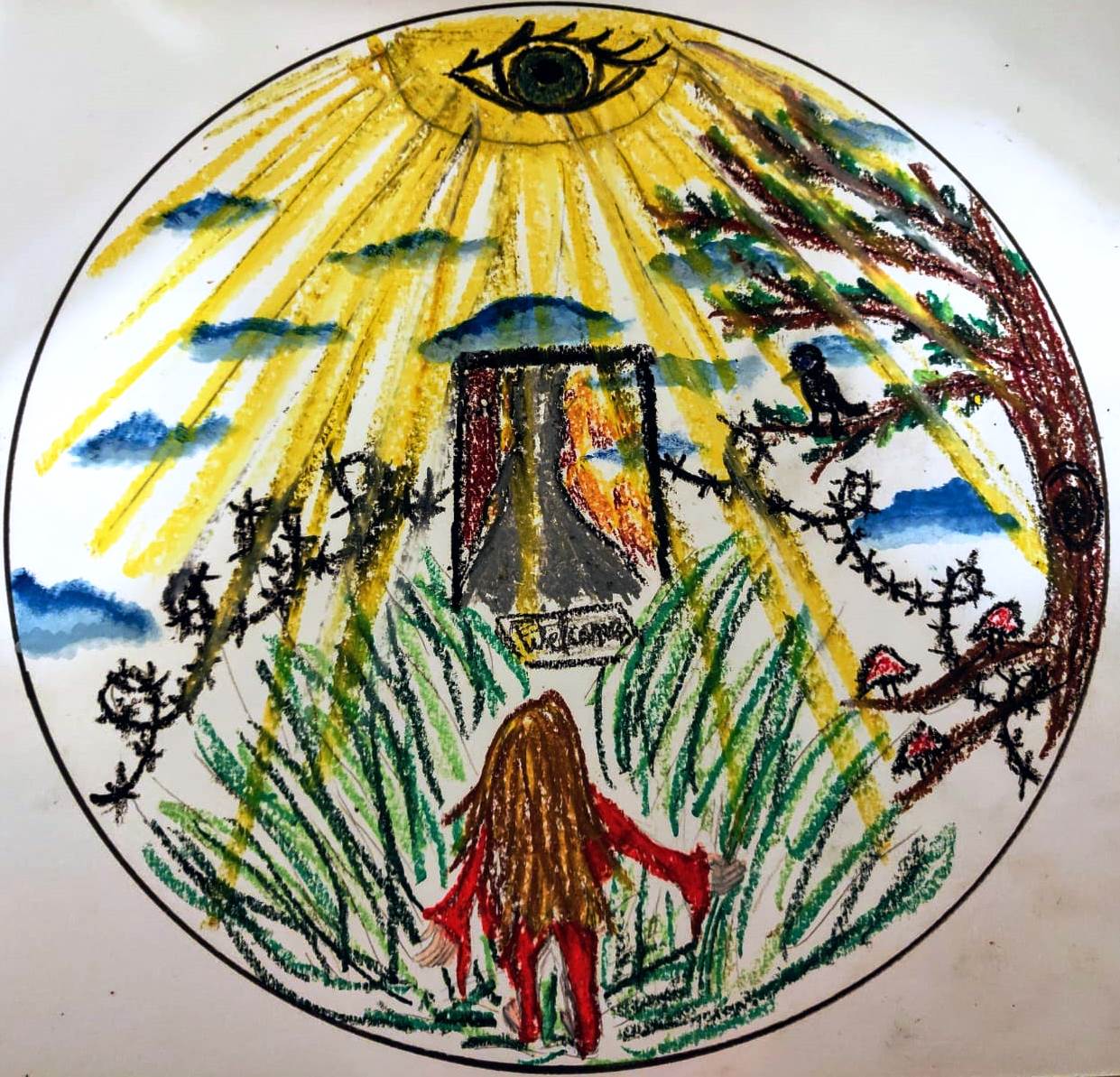 Drawing of Mandala. Drawing of person at a crossroads.